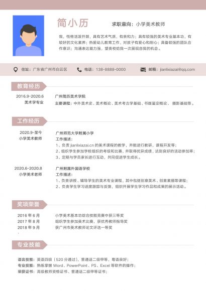 时尚粉色美术教师简历模板