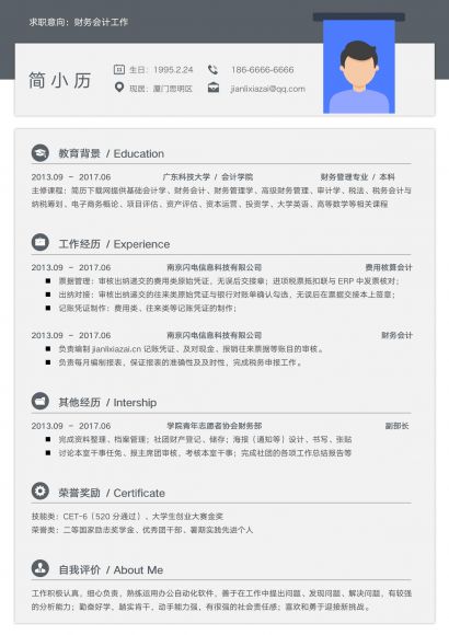 简约灰色财务会计工作简历免费下载