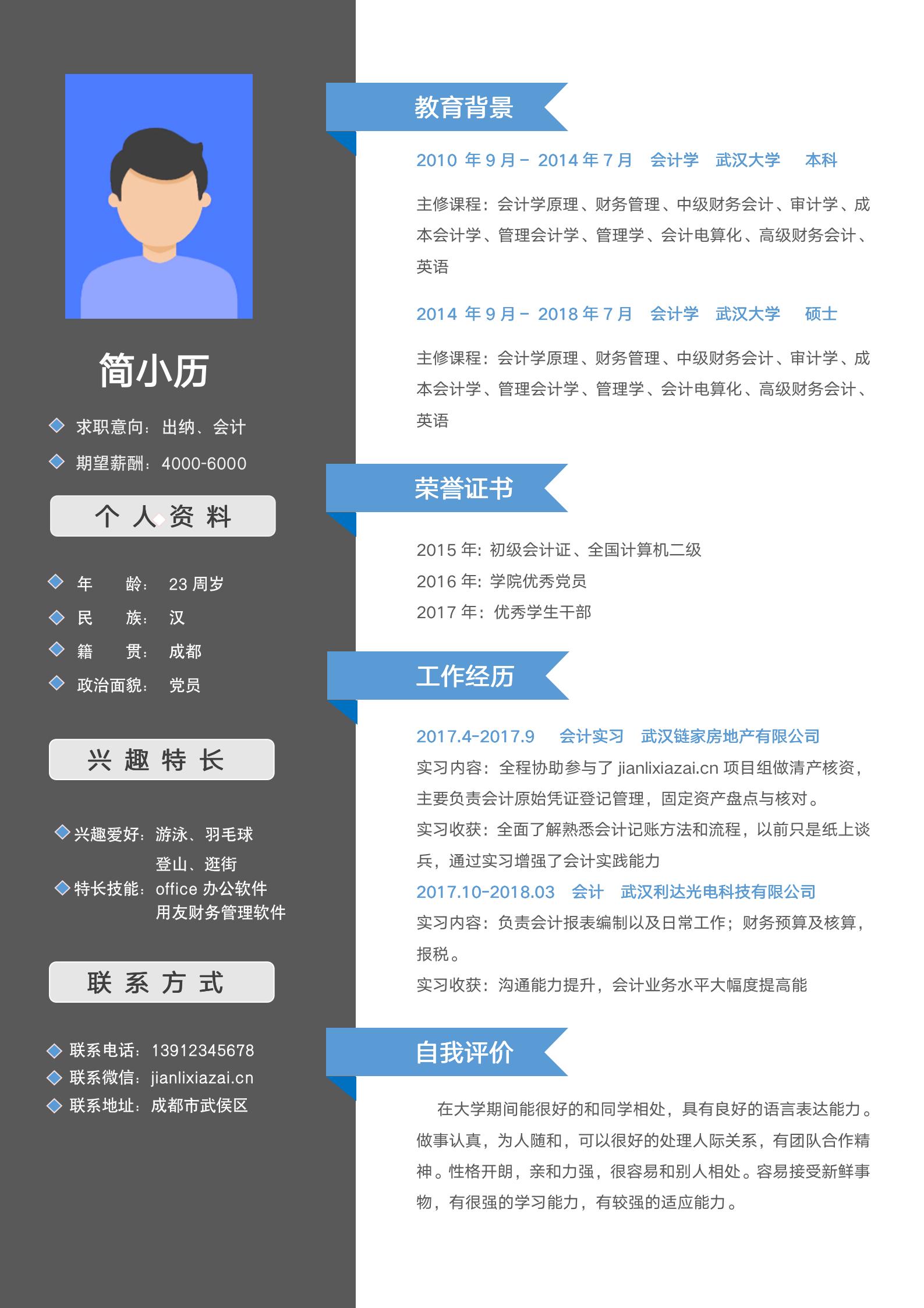 应届大学生会计财务求职简历模板