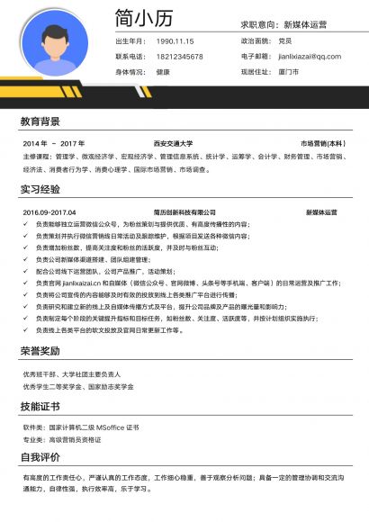 应届生新媒体运营求职简历模板