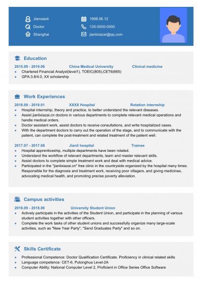 蓝色健康医疗医生通用英文工作简历免费下载