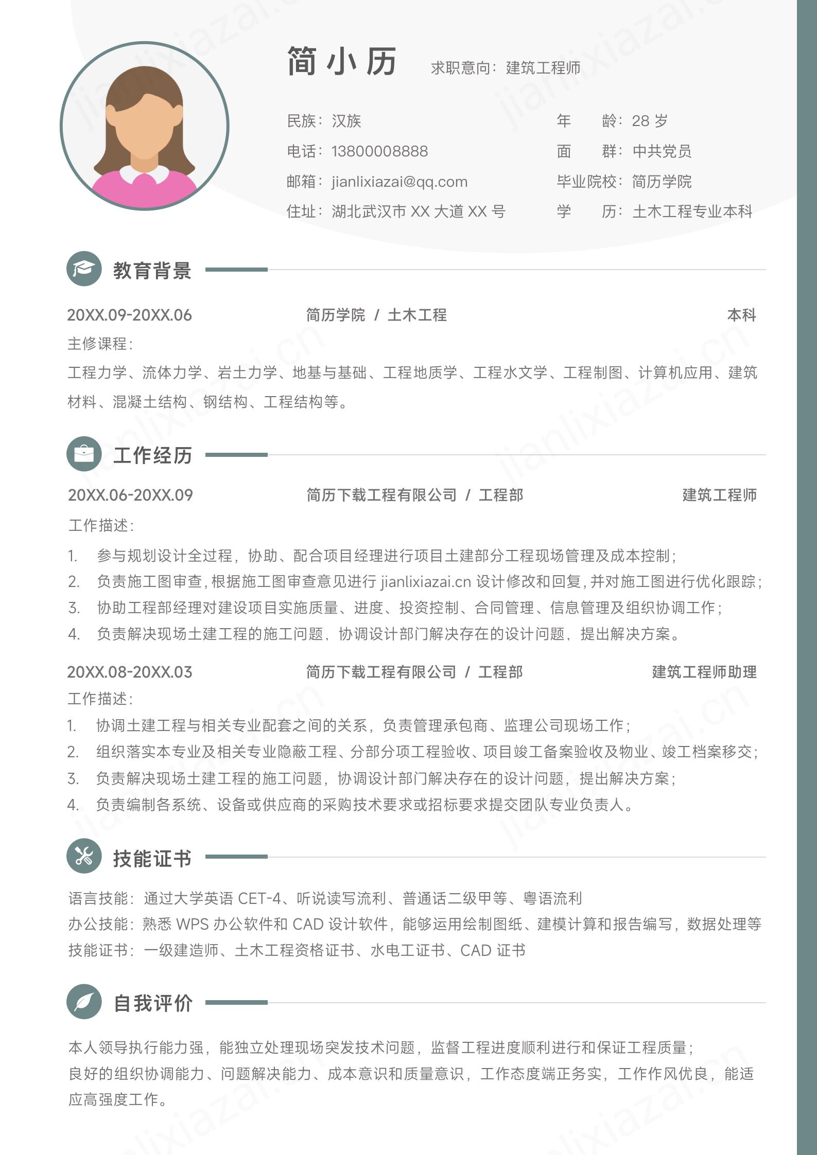 绿色简约大气土建建筑工程师简历模板