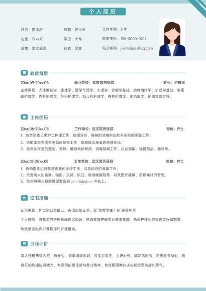蓝色清新整洁护士长应聘简历