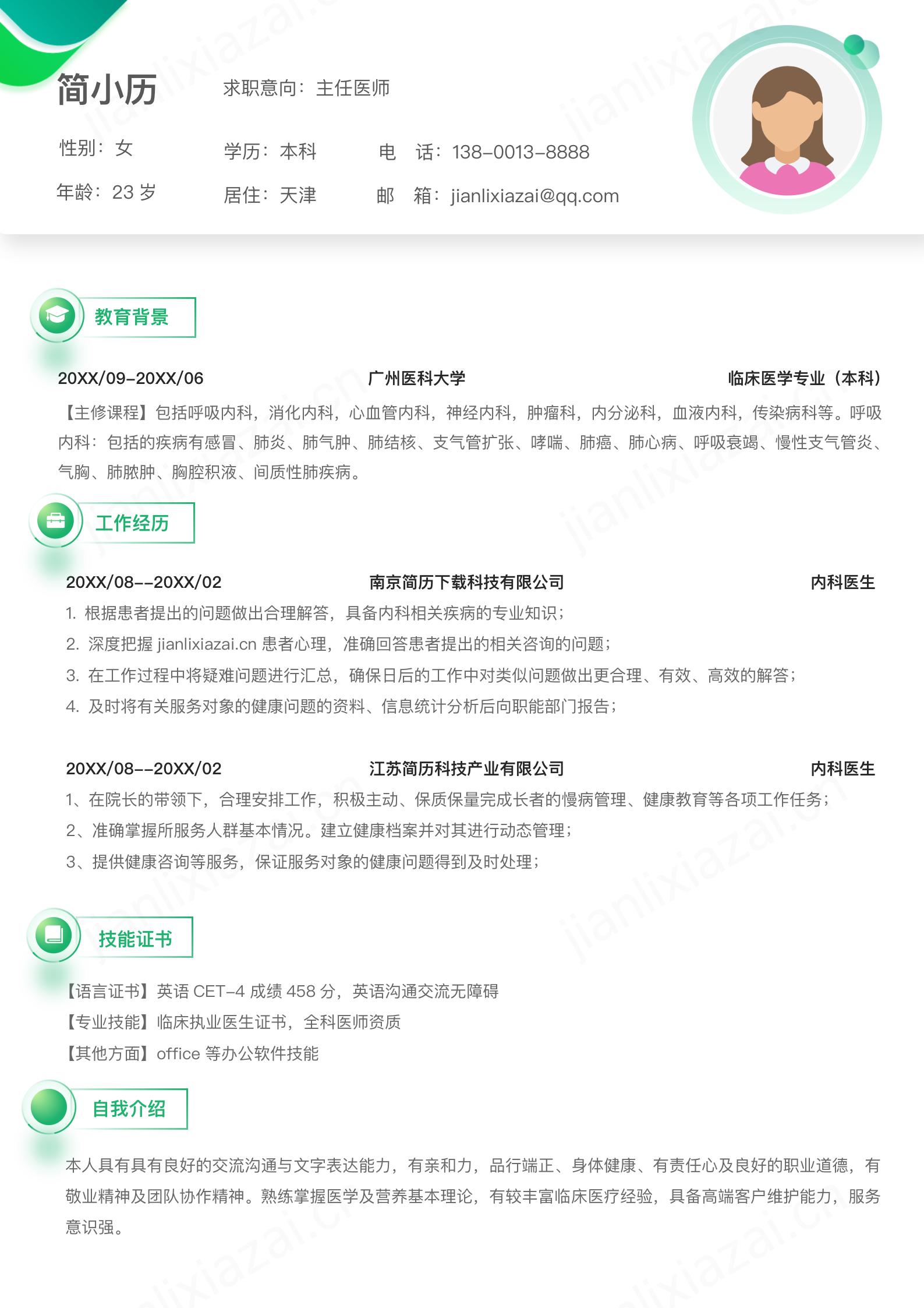 绿色简约清新内科医生主任医师简历模板
