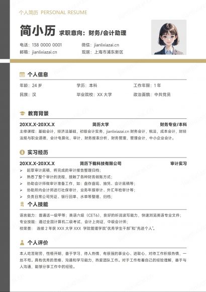 白底财务会计财务管理财务人员简历