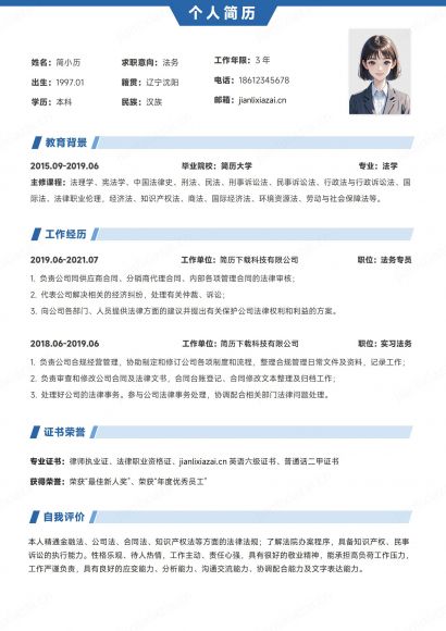 线条白蓝法务律师律师助理简历